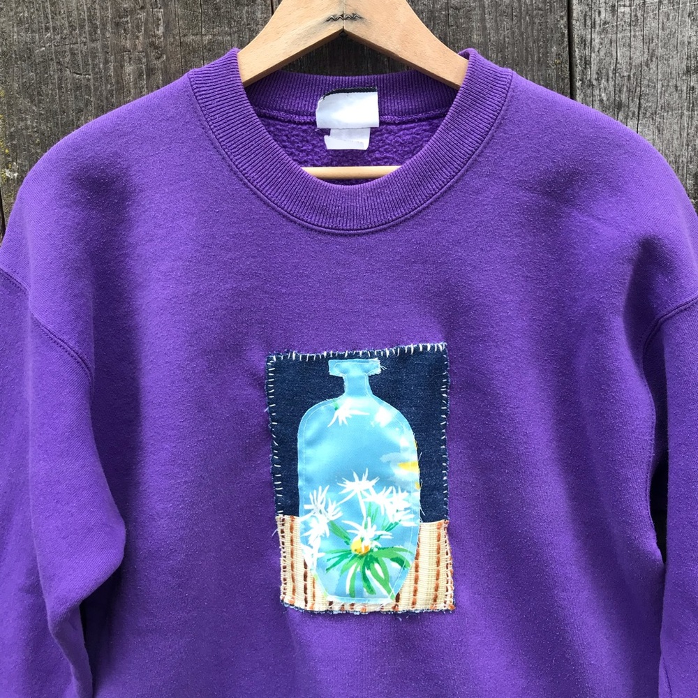 Grannycore Hand Appliqued Bottle Vase Collage Patch Crewneck Sweatshirt M-L